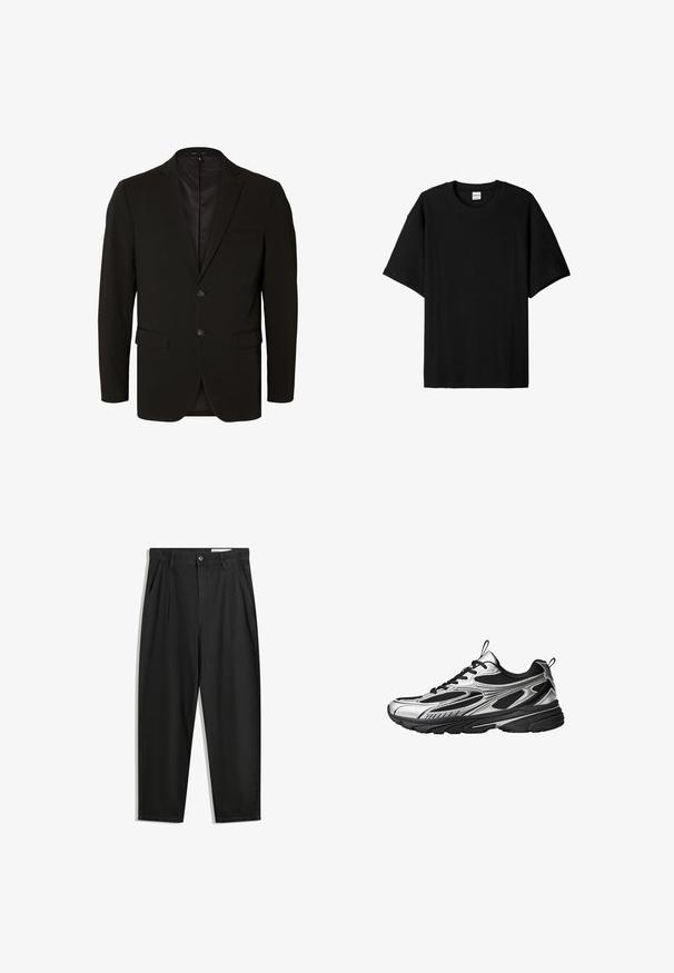 Černá saka na míru s hladkým povrchem, dva knoflíky, klopové límce a postranní kapsy. Plně podšité, minimalistické designové detaily.; Černé krátké rukávy s žebrovaným vzorem, kulatým výstřihem a volnějším střihem, s texturovaným povrchem. Jednoduchý design; bez grafiky nebo akcentů.; Černé bavlněné kalhoty s uvolněným střihem, klasickým pasem, předními záhyby a bočními kapsami. Hladká textura bez vzorů.; Běžecká obuv s kovově stříbrným a černým designem, síťovanými panely, silnou černou podrážkou a šněrováním s poutky na jazyku a patě.