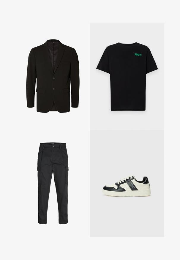 Black tailored suit jacket with a smooth texture, two buttons, notch lapels, and side pockets. Fully lined interior, minimal design details.; Black t-shirt made of cotton with short sleeves. Features a green "ROOTS" logo on the front, round neckline, and standard fit.; Black cargo pants made of sturdy fabric, featuring multiple pockets, a button closure, and a slim fit design with tapered legs.; Leather sneakers with a black and cream color scheme, featuring perforated accents, a padded collar, and a textured outsole.