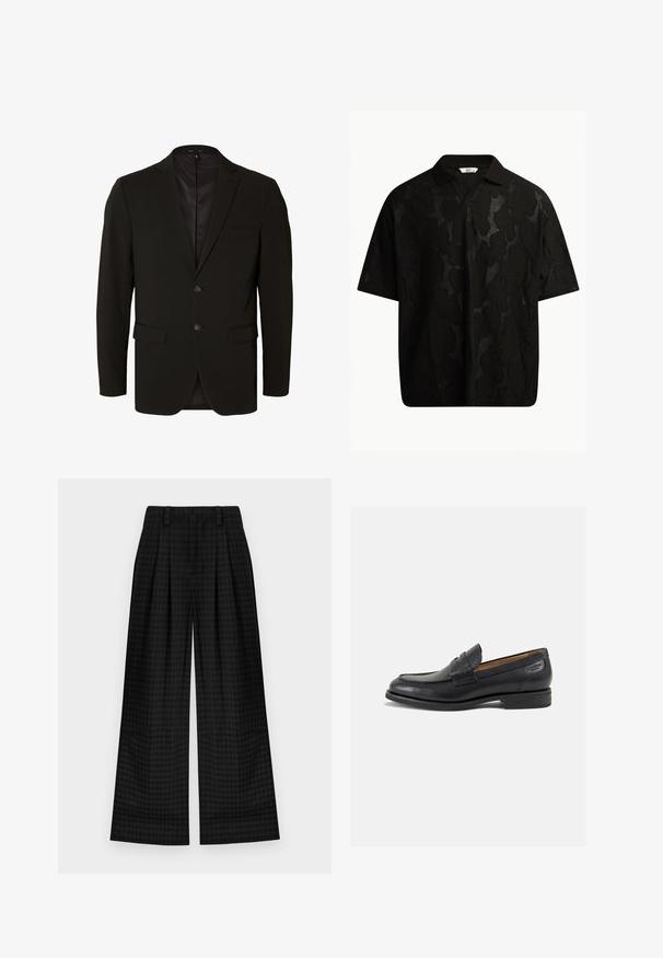 Černá saka na míru s hladkým povrchem, dva knoflíky, klopové límce a postranní kapsy. Plně podšité, minimalistické designové detaily.; Černé polo tričko s krátkým rukávem, které má strukturovaný, abstraktní vzor. Límec je plochý a mírně rozepnutý, což podtrhuje uvolněný design.; Černé kostkované kalhoty s širokými nohavicemi a sklady, s hladkým povrchem a klasickým designem. Lehká tkanina pro pohodlí.; Černé kožené mokasíny s hladkým povrchem, zaoblenou špičkou a dekorativním prošíváním na svršku. Nízký podpatka a mírný lesk.