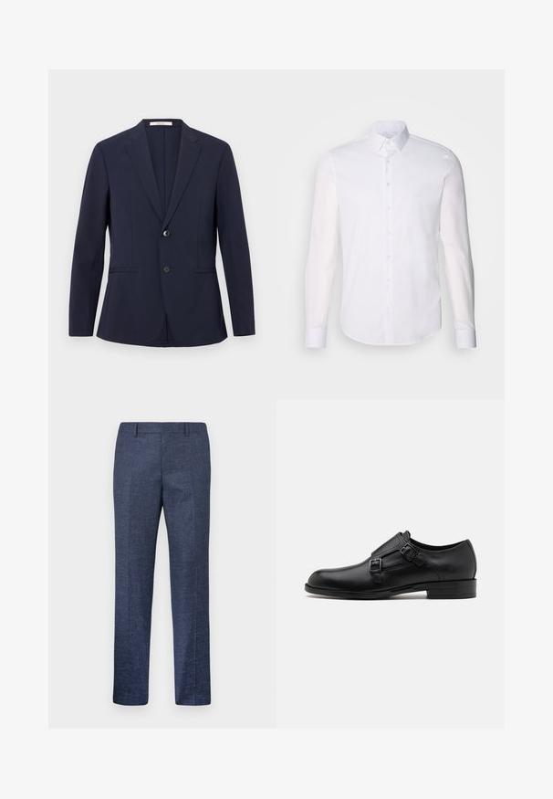 Navyblauwe blazer van gladde stof, voorzien van een enkele knoopsluiting, notch revers en twee voorzakken. Strakke lijnen en een getailleerde pasvorm.; Witte lange mouwen overhemd met knopen, gemaakt van katoen, voorzien van een klassieke kraag, voorkant met knopen en minimale stikdetails.; Navyblauwe broek van een gestructureerde stof, met rechte pijpen, een vlakke voorkant en twee zijzakken. Geen zichtbare patronen of accenten.; Zwarte leren dresschoen met dubbele gespen, slank silhouet en ronde neus. Kenmerkt zich door een lage hak en een gladde textuur.