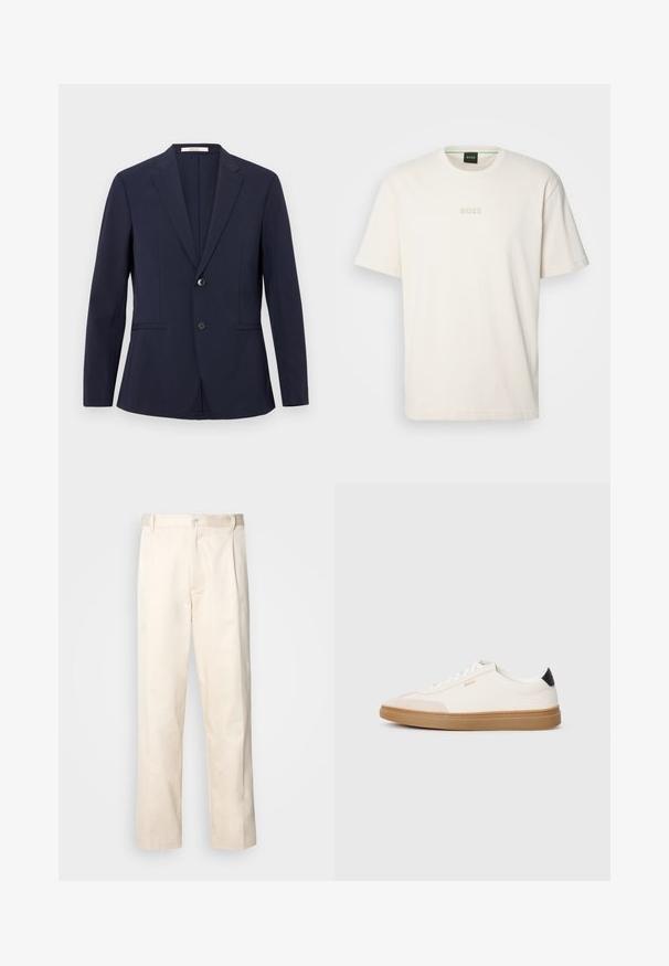 Blazer azul marino de tejido suave, con cierre de botón simple, solapas con muesca y dos bolsillos frontales. Líneas limpias y corte ajustado.; BOSS TEE - Camiseta básica - open white; Pantalones de algodón beige con corte recto, que cuentan con un cierre de botón y pliegues en la parte frontal para un detalle adicional.; Zapatillas blancas con acentos en beige, parte superior de cuero suave, punta redondeada y suela de goma, con un tirador en negro en el talón y un logotipo sutil.