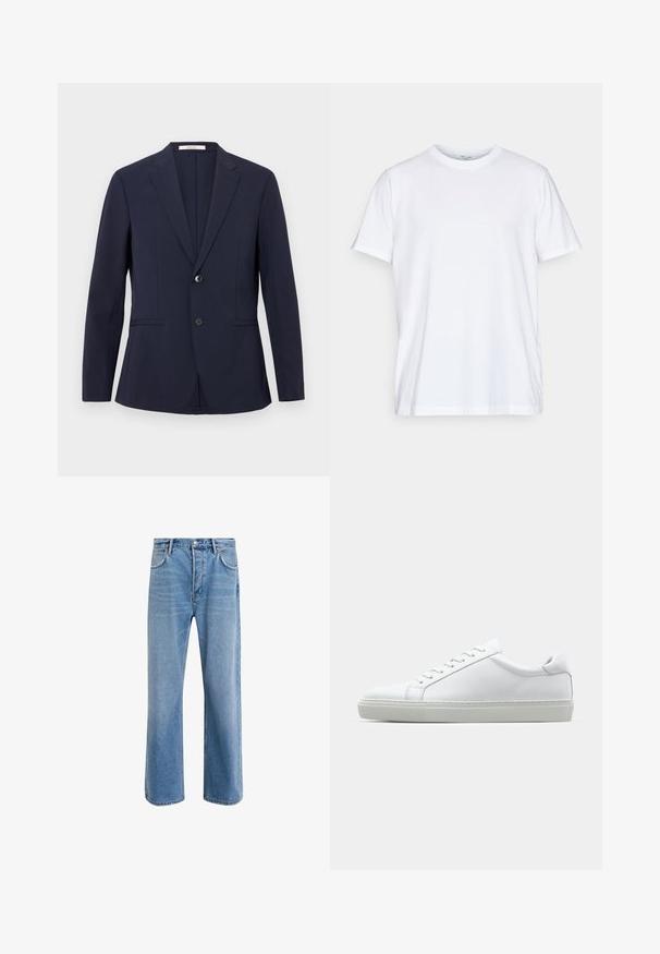 Tamsiai mėlynas bleizeris, pagamintas iš lygaus audinio, su vienu mygtuku, notch tipo apykakle ir dviem priekinėmis kišenėmis. Švarios linijos ir pritaikytas kirpimas.; Balta medvilnė marškinėliai su trumpos rankovėmis, apvali iškirptė ir laisvas kirpimas. Yra minimalistinio dizaino, be raštų ar akcentų.; Šviesiai mėlyni džinsai su tiesiu kirpimu, penkios kišenės, mygtuko užsegimas, minimalus blukimas ir kontrastingi siuvimo detalės.; Baltas sportinis batelis su lygiu odiniu paviršiumi ir žemu profiliu. Turi suapvalintą pirštą, šešis akių skyrius ir tekstūruotą gumos padą.