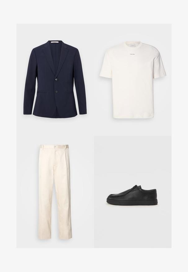 Tumedat sinine bleiser, mis on valmistatud siledast kangast, ühe nupukese kinnitusega, lõigatud klappidest ja kahe esikotiga. Puhtad jooned ja kohandatud istuvus.; Valge puuvillane T-särk, millel on ümar kaelus, lühikesed varrukad ning rinnas keskel tikitud "Calvin Klein" logo. Üksluisus.; Beesidised puuvillased püksid sirge jala lõikega, mis on varustatud nööpkinnituse ja ees olevate voltidega, et lisada detaili.; Must na ostri varvastega musta nahast libisemisega king, millel on tikand ja must kummitald. Sile tekstuur ja minimalistik disain.