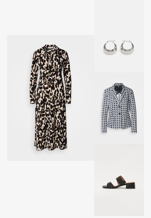 Marineblå og hvid mønstret blazer med tætsiddende design, hakkede reverser og to knapper. Har sidelommer og en glat foring.; Langærmet kjole i et sort og beige abstrakt mønster. Har en krave-udskæring og knapper ned langs fronten, fremstillet af letvægtsstof.; Sort lædersandal med to brede stropper over foden, en firkantet tå og en lav blokhælhøjde. Glat tekstur og minimalistisk design.; Sølvfarvede metalørehængere med en glat, skinnende overflade og et struktureret, afrundet design. Udstyret med en hængslet lås for sikker bæring.