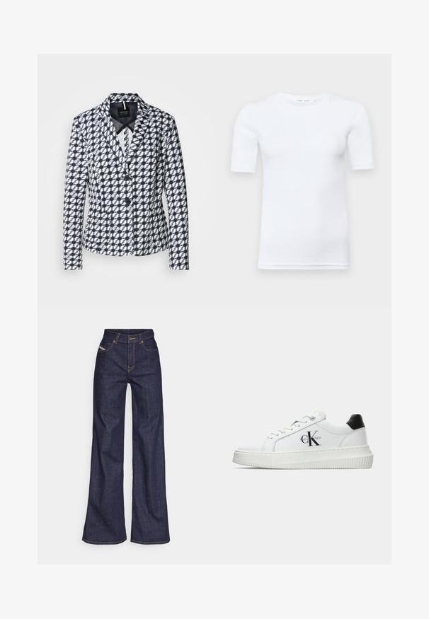 Merijää ja valkoinen kuvitettu bleiseri, jossa on istuva muotoilu, hapsulaput ja kaksi nappia. Sisältää sivutaskut ja sileän vuoren.; Valkoinen lyhythihainen t-paita, joka on valmistettu puuvillasta. Siinä on pyöreä kaula-aukko ja sileä pinta, jossa on vain vähän näkyvää ommelta helmassa.; Tummansiniset leveälahkeiset farkut denimmateriaalista, joissa on korkea vyötärö. Niissä on oranssit tikkaus, viisi taskua ja napitus.; Valkoiset matalat tennarit, joissa on musta kantapää, alustasolki, nauhat ja Calvin Kleinin "CK" logo sivuilla.