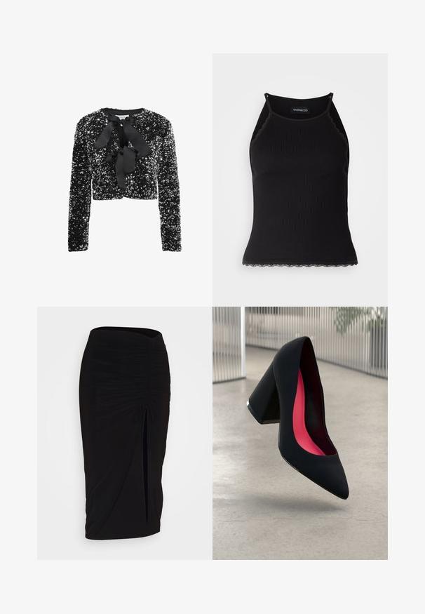 Schwarze Pailletten-Cropped-Jacke mit langen Ärmeln, die an Hals eine Schleifenbindung hat und ein glattes Innenfutter besitzt.; Schwarzes, geripptes Tanktop mit gewellten Spitzenabschluss am Saum. Mit dünnen Trägern und einer figurbetonten Passform. Hergestellt aus dehnbarem Material.; Schwarzer, geraffter Bleistiftrock mit Bindegürtel und seitlichem Schlitz. Hergestellt aus einem dehnbaren Stoff, mit glatter Textur und figurschmeichelndem Design.; Schwarzer High Heel Schuh mit spitzer Zehe, strukturiertem Obermaterial und lebhaftem pinken Innenraum. Verfügt über einen dicken Absatz mit silberner Akzentuierung.