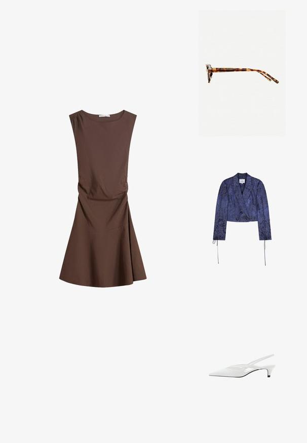 Veste cropped en tissu bleu foncé avec un motif floral texturé, conception à double boutonnage et liens aux poignets des manches.; Robe sans manches marron longueur genou avec encolure ronde et léger ruché sur les côtés, jupe évasée sur fond blanc uni.; Escarpin blanc à brides arrière avec un bout pointu, présentant un dessus lisse, des découpes discrètes et un petit talon bloc. La semelle noire met en valeur le design.; Lunettes de soleil écaille de tortue avec une monture épaisse, des branches légèrement courbées et une texture lisse. Présente un design classique avec une finition brillante.; Sac en cuir gris clair avec un design en forme de U et une poignée métallique courbée. Texture lisse avec un minimum de coutures et sans motifs visibles.