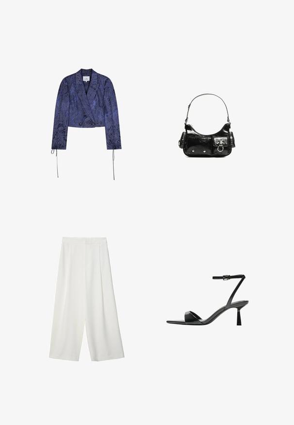 Kurzjacke aus dunkelblauem Stoff mit einem strukturierten floralem Muster, doppelter Knopfleiste und Bindebändern an den Ärmelbündchen.; Schwarz-weiß gestreifte Langarmshirts mit Rundhalsausschnitten, weichem Stoff und einer taillierten Passform mit geraden Säumen.; Weiße, weite, knöchellange Hosen mit glatter Textur, flachem Vorderteil und ohne sichtbare Verschlüsse oder Taschen.; Bershka High Heel Sandalette - black; Schwarze Lackleder-Handtasche mit geschwungenem Design, einem Schulterriemen, Vordertaschen und silberfarbenen Hardware-Akzenten.
