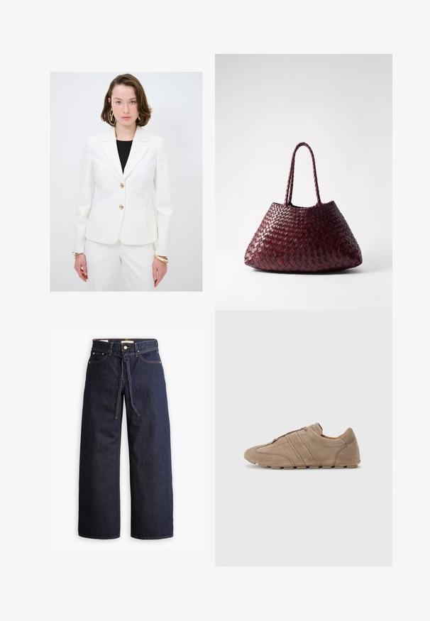 Witte op maat gemaakte blazer met een enkele knoopsluiting, gouden knoopaccenten en uitgesneden revers, gecombineerd met bijpassende witte op maat gemaakte broek.; Bordeauxkleurige cropped zip-up hoodie met voorkantzakken en lange mouwen, plat weergegeven op een witte achtergrond.; Effen witte T-shirt met korte mouwen en een ronde hals, met een slim fit, vlak weergegeven tegen een witte achtergrond.; Wijd pijpjes donkerblauwe denim jeans met een hoge taille, voorzien van een trekkoord, vijf zakken en contrasterende stiksels.; Beige suède schoenen met een lage profiel, voorzien van gestikte lijnen en een gestructureerd oppervlak, aangevuld met rubberen traction buitenzolen.; DRAGON DIFFUSION SANTA CROCE BIG - Handtas - bordo