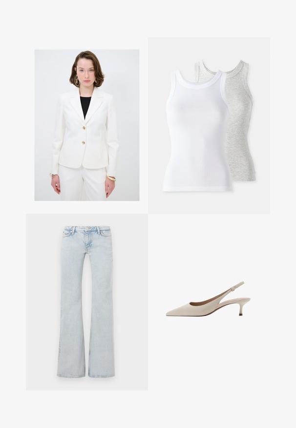 Witte op maat gemaakte blazer met een enkele knoopsluiting, gouden knoopaccenten en uitgesneden revers, gecombineerd met bijpassende witte op maat gemaakte broek.; Twee mouwloze tanktops: één witte met geribbeld textuur en één lichtgrijze met een subtiel heatherpatroon. Beide hebben een ronde hals.; Lichtblauwe flared jeans gemaakt van denim. Heeft een tailleband met metalen knoop, een vijf-pocket ontwerp en subtiele vervagingen overal.; Beige slingback hakken met een puntige neus en een lage, uitlopende hak. Gemaakt van glad leer met een minimalistisch ontwerp en een verstelbare band.