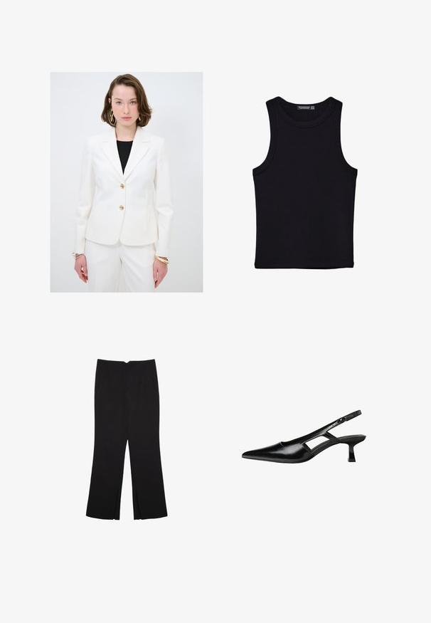 Weißes maßgeschneidertes Blazerjackett mit einreihigem Design, goldenen Knopfakzenten und aufschlagbaren Revers, kombiniert mit passenden weißen maßgeschneiderten Hosen.; Schwarzes Tanktop aus Baumwolle mit rundem Halsausschnitt und weiten Armöffnungen. Glatte Textur mit genähten Säumen. Klassisches, minimalistisches Design.; Schwarze Hose mit geradem Schnitt, ausgestattet mit Fronttaschen und Seitenschlitzen am Saum. Hergestellt aus weichem, glattem Stoff. Geeignet für verschiedene Anlässe.; Schwarze Lackleder-Slingback-High Heels mit spitzer Zehenform, ausgeschnittenem Seitendesign und kleinem Blockabsatz. Glatte Textur mit minimalen Akzenten.