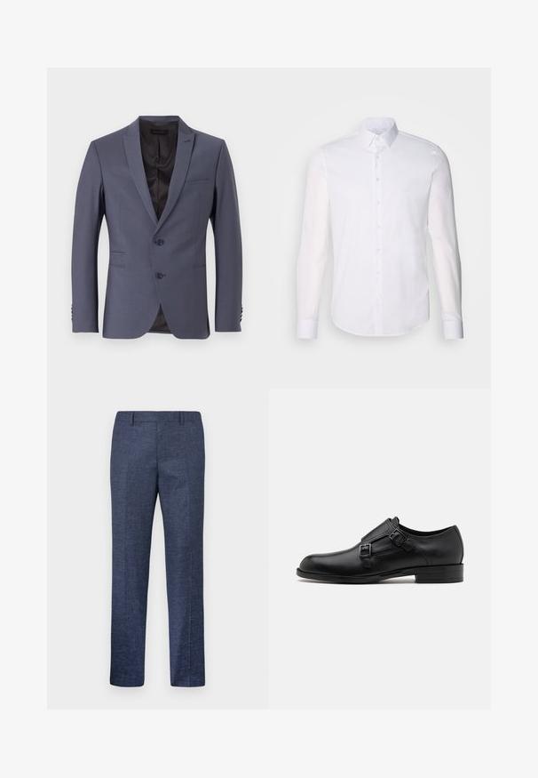 Šedý saka s jedním knoflíkem, dvěma knoflíky, klopovými límci a třemi knoflíky na manžetách. Hladká tkanina, přizpůsobený střih.; Bílá košile s dlouhým rukávem vyrobená z bavlny, s klasickým límcem, předními knoflíky a minimálním detailem šití.; Námořnické modré kalhoty vyrobené z texturované tkaniny, s rovnými nohavicemi, plochým předním dílem a dvěma bočními kapsami. Žádné viditelné vzory ani akcenty.; Černé kožené společenské boty s dvojitými sponami, elegantní silueta a kulatá špička. Mají nízký podpatek a hladký povrch.