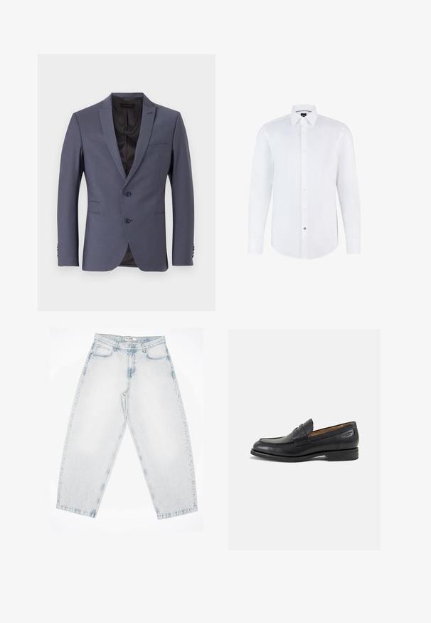 Giacca in grigio con un design a bottoni singoli, due bottoni, rever a lancia e dettagli a tre bottoni sui polsini. Tessuto liscio, forma sagomata.; Camicia bianca a maniche lunghe realizzata in tessuto morbido, con chiusura a bottoni sul davanti, colletto a punta e orlo curvato. Accentata da un bottone di marca distintivo.; Jeans in denim azzurro chiaro con una vestibilità ampia e gionfiante. Presentano cinque tasche, chiusura con bottone e dettagli cuciti. Texture sbiadita e gambe dritte.; Mocassini in pelle nera con finitura liscia, punta arrotondata e cuciture decorative sulla tomaia. Tacco basso impilato e leggero lucido.