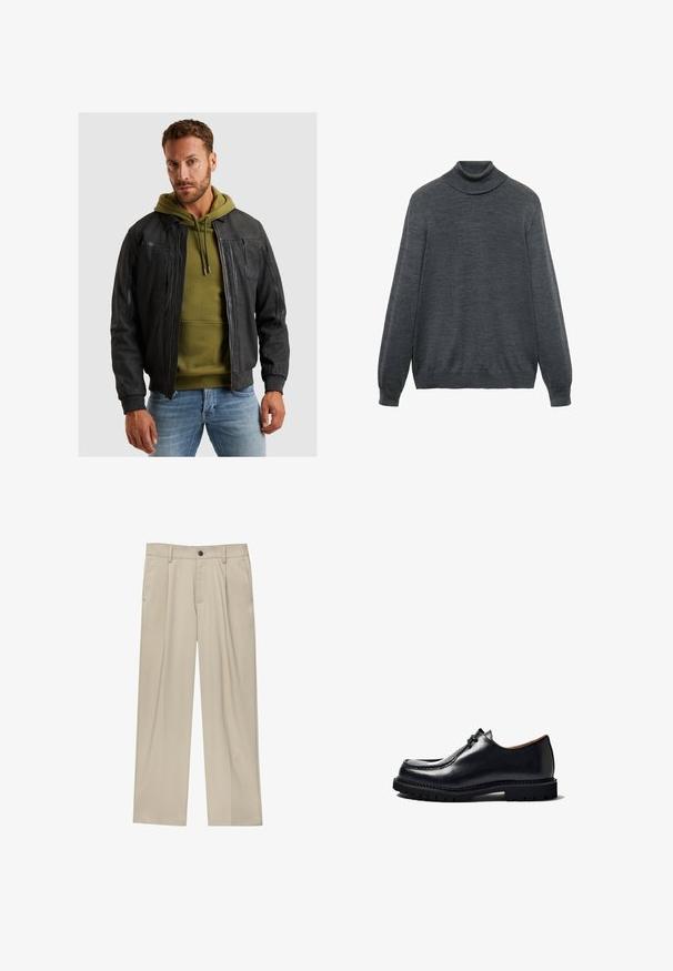 Schwarze Lederbomberjacke mit gerippten Bündchen, Reißverschluss und mehreren Taschen, über einem grünen Hoodie getragen. Strukturierte Oberfläche.; Kohlgrauer Rollkragenpullover aus weichem Material, mit langen Ärmeln, einem taillierten Kragen und einem geraden Saum. Glatte Textur über das gesamte Kleidungsstück.; Beige Hosen mit geradem Schnitt, ausgestattet mit einem einzelnen schwarzen Knopf, Gürtelschlaufen und Seitentaschen. Glatte Stofftextur und minimalistisches Design.; Schwarzer Lederschuh mit einer abgerundeten Zehenform, Schnürdesign, genähte Details und einer strukturierten Gummisohle. Glatte Oberfläche mit glanzvollem Finish.