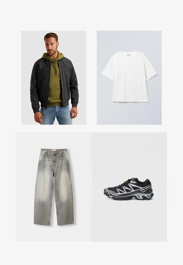 Čierna kožená bombardérka s rebrovanými manžetami, zipsom a viacerými vreckami, položená na zelenej mikine. Štruktúrovaný povrch.; Biely bavlnený tričko s okrúhlym výstrihom a krátkymi rukávmi. Uvoľnený strih bez viditeľných vzorov alebo akcentov. Hladká textúra.; Džínsy s širokým nohavím v svetlej sivej farbe. Vlastnosti zahŕňajú vybledlý vzhľad, päť vreciek a zapínanie na gombík. Materiál je mäkká denim.; Čierna bežecká obuv so striebornými akcentmi, materiál GORE-TEX, textúrovaná podrážka a farebné šnúrky. Obsahuje polstrovanú pätu pre podporu.