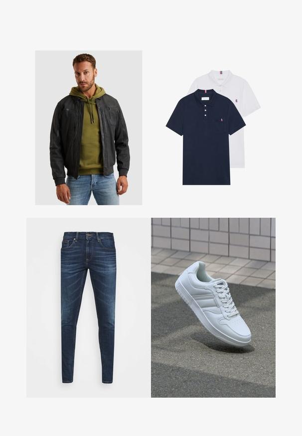 Schwarze Lederbomberjacke mit gerippten Bündchen, Reißverschluss und mehreren Taschen, über einem grünen Hoodie getragen. Strukturierte Oberfläche.; Zwei Poloshirts: eines in marineblau und eines in Weiß, beide mit einem kleinen rot, weiß und blauen Akzent auf der Brusttasche und dem Kragen.; Dunkelblaue Jeans im Slim Fit mit subtiler Verwaschung, fünf Taschen und einem Metallknopfverschluss. Genähte Akzente in kontrastierender Farbe.; Weiße sportliche Sneaker mit Obermaterial aus glattem Leder, Schnürfront, durchlöchtem Zehenbereich und gemusterter Sohle. Minimalistisches Design mit drei Seitenstreifen.