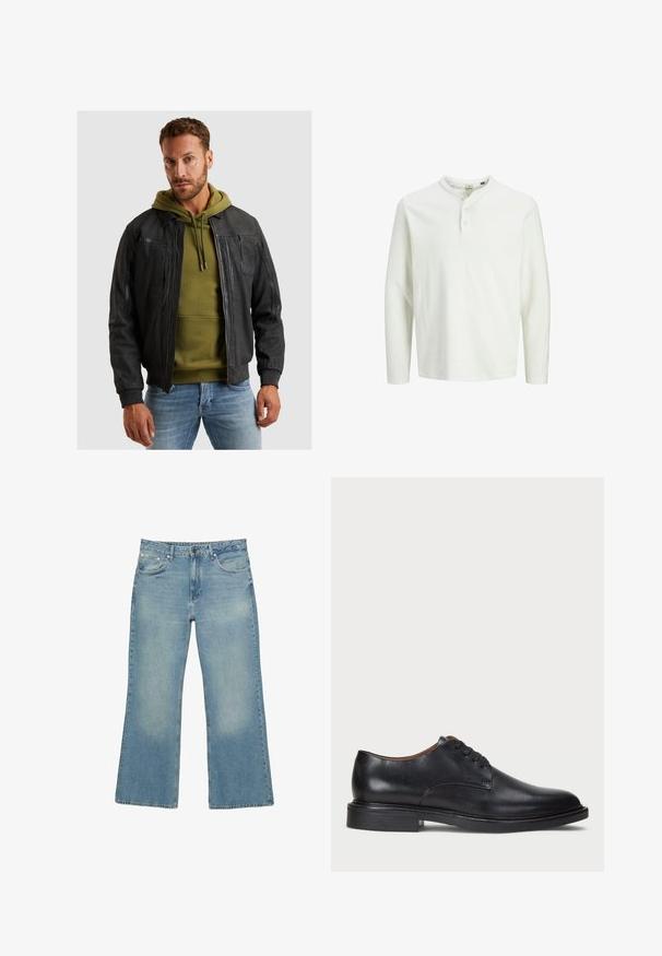 Čierna kožená bombardérka s rebrovanými manžetami, zipsom a viacerými vreckami, položená na zelenej mikine. Štruktúrovaný povrch.; Biela dlhá rukávová henley košeľa s tromi gombíkmi a okrúhlym výstrihom, vystavená na jednoduchom bielom pozadí.; Svetlomodré denimové nohavice s širokými nohavicami, piatimi vreckami, zapínaním na gombík a jemným opotrebovaním, so surovým lemom a pevným šitím.; Čierne kožené spoločenské topánky s okrúhlym špičkou, šnurovacím dizajnom a nízkym zloženým podpätkom. Hladký povrch s minimálnymi švovými detailmi.