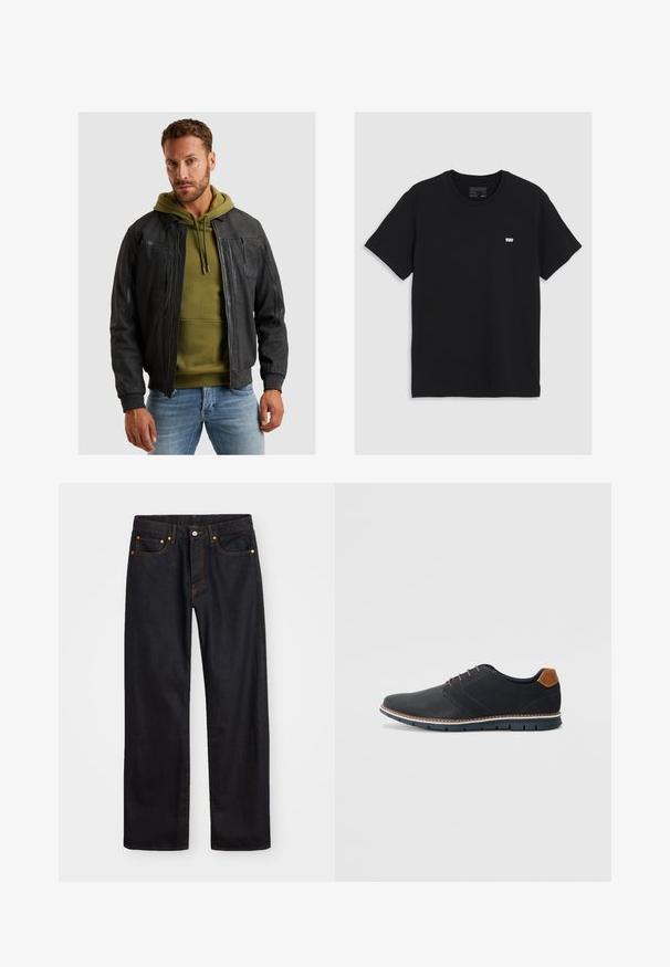 Sorte læder bomberjakke med ribbede manchetter, lynlåslukning og flere lommer, lagdelt over en grøn hoodie. Struktureret overflade.; Sort bomulds t-shirt med korte ærmer, rund halsudskæring, har et lille hvidt Levi's-logo på brystet, glat tekstur, klassisk pasform.; Mænds lige ben sorte denim jeans med fem lommer og orange syninger, knap- og lynlåslukning foran på taljen.; Sorte syntetiske sko med en tekstureret overdel, glatte accenter, brun hæl og en kontrasterende sål. Har minimale snørebånd og syningsdetaljer.