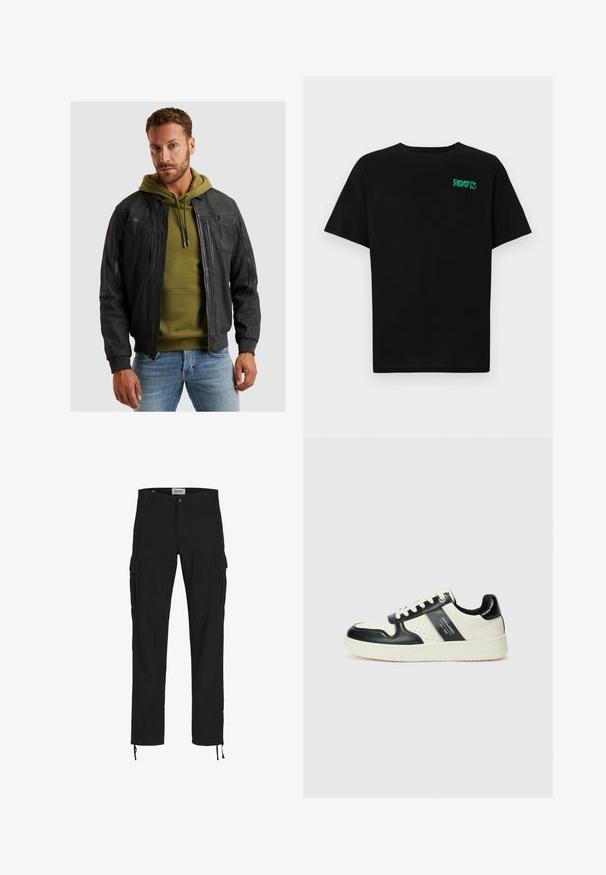 Crna kožna bomber jakna s rebrastim manžetama, zatvaranjem na zip i višestrukim džepovima, složena preko zelene dukserice. Teksturalna završna obrada.; Crna majica kratkih rukava od pamuka. Na prednjem dijelu se nalazi zeleni "ROOTS" logo, okrugli izrez i standardni kroj.; Crne cargo hlače ravnog kroja, s bočnim džepovima, kopčanjem na dugme i elastičnim šniranjem na gležnjevima. Izrađene od izdržljivog materijala.; Kožne tenisice s crno-bijelom paletom boja, koje imaju perforirane akcentne detalje, podstavljeni ovratnik i teksturiranu potplat.