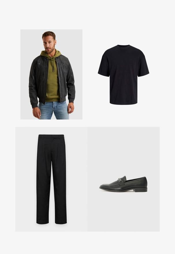 Giacca bomber in pelle nera con polsini a coste, chiusura con zip e molteplici tasche, indossata sopra un hoodie verde. Finitura testurizzata.; T-shirt in cotone nero con collo rotondo, maniche corte e vestibilità morbida. Texture liscia senza pattern o dettagli visibili.; Pantaloni neri realizzati in tessuto liscio, caratterizzati da un taglio dritto, due pieghe frontali e una vita standard con passanti per la cintura.; Mocassino in pelle nera con finitura liscia, caratterizzato da un design cucito e da un accento decorativo in catena metallica sul vamp. Tacco piatto.