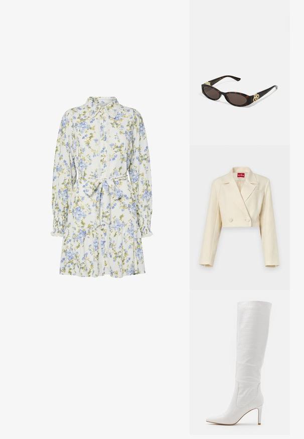 Blazer beige tagliato con una sottile trama floreale, bottoni doppi e rever a punta; dettaglio di una tasca sul petto.; Vestito floreale bianco con fiori blu e verdi, caratterizzato da un colletto, apertura frontale con bottoni, maniche lunghe con polsini elastici e una cintura in vita.; RAID TRIBUTE - Stivali con i tacchi - white; Occhiali da sole tartarugati con lenti ovali allungate, tonalità marrone, accenti dorati con logo sulle tempie e aste nere eleganti.; Borsa a tracolla beige con un motivo stampato, forma curvata, dettagli in pelle e un logo dorato sul davanti. Presenta una maniglia corta per un facile trasporto.; Anelli intrecciati in oro tono, sovrapposti insieme, caratterizzati da un design testurizzato con bordi lisci e curvi, creando un aspetto organico e fluido.