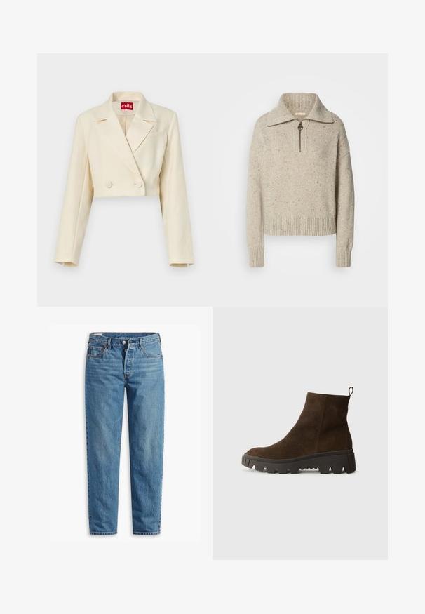 Cropped beige blazer with a subtle floral texture, double-breasted buttons, and notched lapels; single chest pocket detailing.; Beige knitted sweater with a high collar, zip closure, and ribbed cuffs and hem. Texture includes specks of darker fibers throughout.; Blue denim jeans with a straight-leg fit, featuring a zip fly, two front pockets, and subtle fading throughout the fabric.; Brown suede ankle boot with a chunky black rubber sole, featuring a slight heel and a pull tab at the back for easy wear.