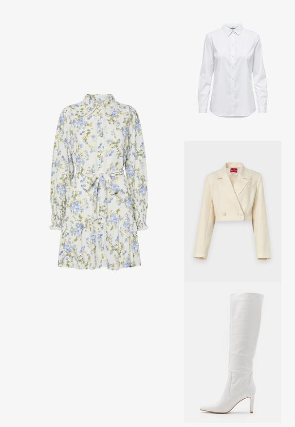 Veste beige cintrée avec une texture florale subtile, boutons double boutonnage et revers crantés ; détail d'une poche poitrine simple.; Chemise blanche à manches longues, dotée d'un col structuré et d'un ourlet arrondi. Fabriquée à partir d'un tissu lisse et uni, sans motifs ni accents visibles.; Robe florale blanche avec des fleurs bleues et vertes, dotée d'un col, d'une fermeture à boutons sur le devant, de manches longues avec des poignets élastiques et d'une ceinture à la taille.; RAID TRIBUTE - Bottes à talons hauts - white; Sac à main en beige à motif, avec une forme incurvée, des accents en cuir et un logo en ton doré sur le devant. Il dispose d'une poignée courte pour un transport facile.