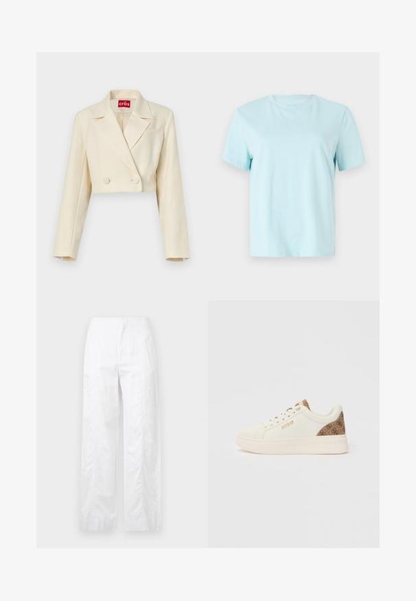 Apgriezts bēšs žakets ar smalku ziedu rakstu, divrindu pogām un pārgrieztām atlokām; ar vienu krūšu kabatas detaļu.; Gaiši zils kokvilnas T-krekls ar īsām piedurknēm, apaļu kakla izgriezumu un smalku izšūtu 'Calvin Klein' logo uz priekšpuses.; Baltas, plaša kāju bikses, izgatavotas no viegla auduma, ar gludu tekstūru, tīrām līnijām un augstu jostasvietu.; Zemāko balto sporta apavu ar beidzības rakstainu papēdi un mēli, zelta "GUESS" logo malā un baltām auklām uz baltas fona.