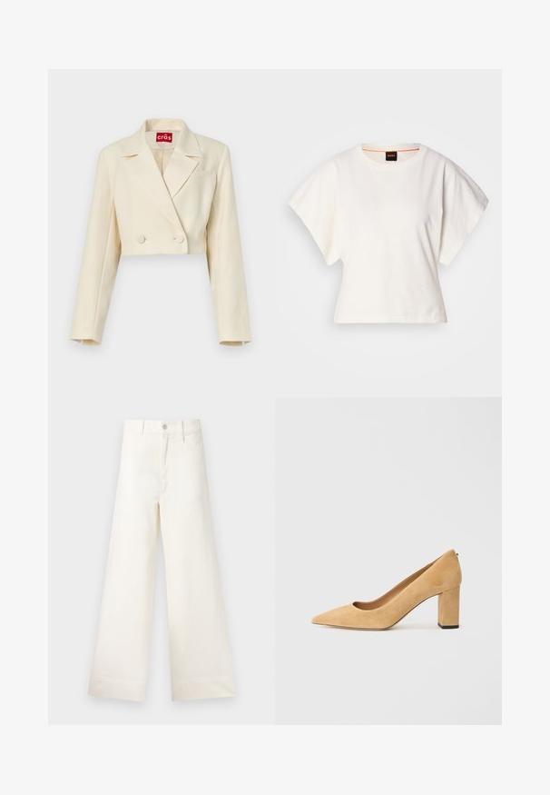 Apgražintas smėlinis švarkas su subtiliu gėlių raštu, dvigubais mygtukais ir išpjautomis atlapais; vienas krūtinės kišenės detalizavimas.; Baltas trumpas marškinėliai, plačios trumpomis rankovėmis, minkšta medvilnė, apvali kaklo iškirptė su subtiliu oranžiniu apvadu, minimalus dizainas, be raštų ar grafikų.; Platus kojų kelnes šviesiai smėlio spalvos medvilnės. Aukšta juosmens linija, priekinės kišenės ir tiesus kirpimas. Švarus apvadas be raštų.; Bežiniai zomšiniai aukštakulniai bateliai su smaigaliu ir masyviu blokiniu kulnu. Medžiaga turi švelnų tekstūrą ir lygią apdailą.