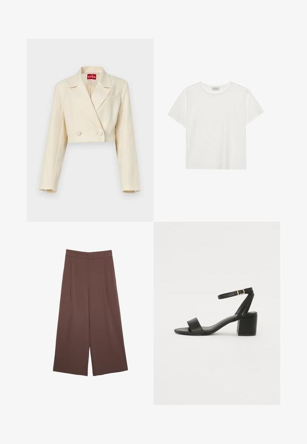 Korte beige blazer met een subtiele bloemstructuur, dubbele knopen en gesneden revers; enkele borstzakdetails.; Witte T-shirt met korte mouwen, gemaakt van zachte katoen. Heeft een ronde halslijn en een relaxte pasvorm. Schoon ontwerp zonder zichtbare patronen of accenten.; Bruine wijde broek met een gladde textuur, voorzien van een hoge taille en plooien aan de voorkant. De stof is lichtgewicht en valt losjes.; Zwarte hoge sandaal met een soepel leren bovenkant, een open teen, brede voorkruisbanden en een verstelbare enkelband met een gouden gespdetail.