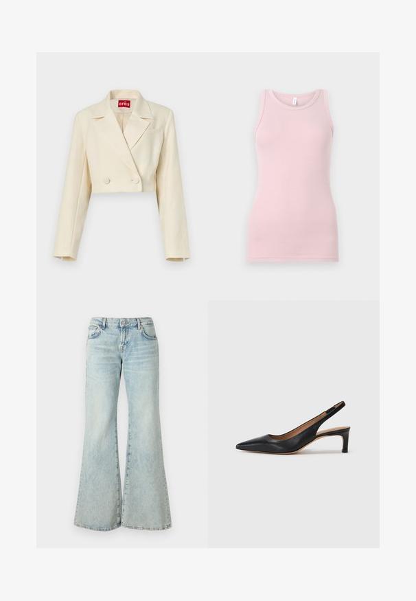 Veste beige cintrée avec une texture florale subtile, boutons double boutonnage et revers crantés ; détail d'une poche poitrine simple.; Débardeur rose clair en tissu doux et extensible. Il présente un col rond et des bretelles étroites, avec une texture lisse et une coupe ajustée.; Jeans évasés bleu clair en denim, avec une taille haute, des poches et des ourlets effilochés. Le tissu présente un délavage usé et une texture subtile.; Escarpin slingback en cuir noir avec un bout pointu, un petit talon et une texture lisse. Doté d'une fine sangle réglable pour un ajustement sécurisé.