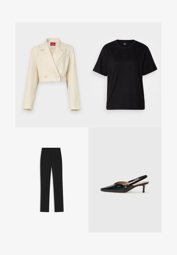 Blazer beige tagliato con una sottile trama floreale, bottoni doppi e rever a punta; dettaglio di una tasca sul petto.; Maglietta in cotone nera con scollatura tonda, maniche corte e logo ricamato sul petto. Design semplice e vestibilità rilassata senza motivi.; Pantaloni neri su misura con un design a gamba dritta, dotati di tasche frontali e un tessuto liscio e strutturato. Dettagli ordinati e minimalisti.; Décolleté slingback in vernice nera con punta affilata, tacco basso e design con aperture sul vamp. Accento in hardware color oro sul lato.