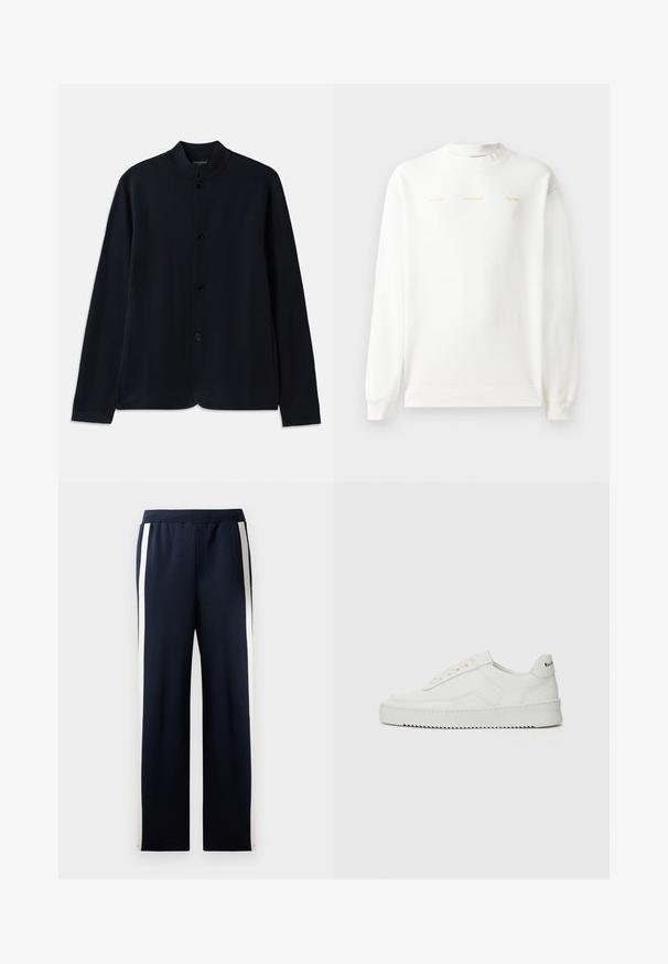 Tamsiai mėlynas kardiganas su stovinčiu apykakle, priekyje užsegamas mygtukais, ilgomis rankovėmis. Pagamintas iš minkštos medžiagos, su glotnia tekstūra.; Balta džemperis su apvalia iškirpte, ilgomis rankovėmis ir raukšlėtais rankogaliais. Priekyje yra auksinė spauda: "HZW (25-26) HOLZWEILER THE SUN."; Jūrų laivyno kelnės su plačia kojų forma, su vertikaliomis smėlio spalvos juostelėmis šoninėse dalyse. Pagamintos iš minkštos, tekstūrinės medžiagos, su elastinga juosmens juosta.; Balti odiniai sportiniai bateliai su lygia apdaila, apvaliu pirštu, plokščiais raišteliais ir tekstūruotu padu. Pasižymi subtiliu logotipu ant kulno.