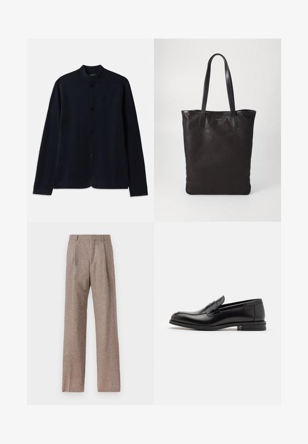 Tumesinine kardigan, millel on seisva krae, ees nupplukuga ja pikad varrukad. Valmistatud pehmest materjalist, millel on sile tekstuur.; Valge nööpidega särk kraega, millel on peened vertikaalsed triibud, pikad varrukad, rinnatasku ja klassikaline ümar serv.; Prunnid, kõrge vöökohaga püksid, mis on valmistatud tekstureeritud kangast. Omavad laiu jalgu ja kahte eesmist voldikut struktuuri jaoks. Korralik viimistlus, ilma nähtava riistvarata.; Mustad mustad nahast loafers sileda tekstuuriga, ümarat ninaosa ja dekoratiivne riba vampi üle. Madal kihiline konts, minimalistlik disain.; Mustmust kott mustade nahkade käepidemetega. Lihtne disain, avar keha ja sile tekstuur. Pole nähtavaid logosid ega mustreid.