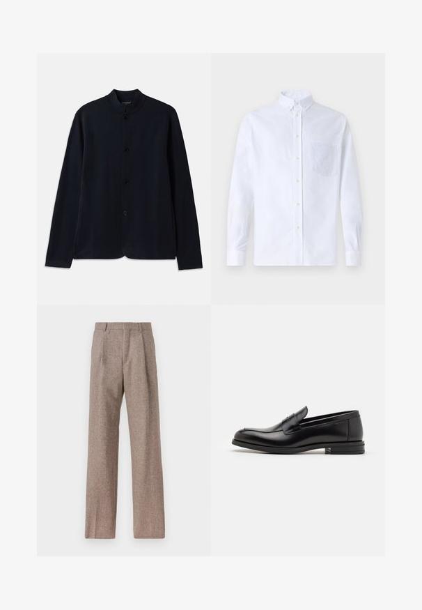 Tumši zila džemperis ar stāvu apkakli, priekšējo pogu aizdari un garām piedurknēm. Izgatavots no mīksta materiāla, ar gludu tekstūru.; Balts garo piedurknēm krekliņš ar pogām, izgatavots no kokvilnas, ar krūšu kabatu ar tonālu izšuvumu, apkakli un pogām pie piedurknēm.; Brūni, augstos šortos izgatavoti no teksturēta auduma. Iezīmē plašas kājas un divas priekšējās krokas, kas nodrošina struktūru. Kārtīga apdare bez redzamām detaļām.; Melnas ādas kurpes ar gludu tekstūru, noapaļu purngalu un dekoratīvu siksniņu pāri priekšpusei. Zems sakrauts papēdis, minimālisma dizains.