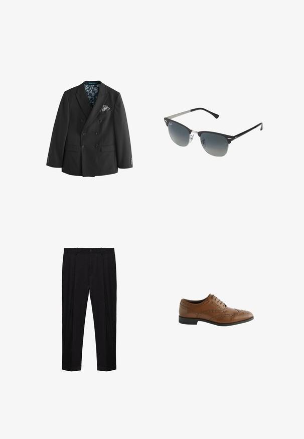 Czarna marynarka dwurzędowa wykonana z gładkiego materiału, z kwiatowym wzorem wewnątrz i kontrastującą poszetką.; Biała koszula z długim rękawem, wykonana z gładkiego materiału, z wąskim kołnierzykiem typu spread, zapięciem na guziki z przodu oraz mankietami zapinanymi na jeden guzik.; Czarne dopasowane spodnie z pętelkami na pasek, z przodem zapinanym na guzik i zamek, z plisami oraz mankietami.; Brązowe skórzane buty formalne z misternym detalem broguing, okrągłym noskiem i płaskim obcasem. Posiadają pięć otworów na sznurówki i gładką teksturę.; Czarno-srebrne okulary przeciwsłoneczne w kształcie kociego oka, z gradientowymi soczewkami i metalowymi akcentami na oprawie. Plastikowe ramiona z szarymi końcówkami.; Beżowy woskowany krawat z teksturowanym wzorem. Końce wykończone są materiałem w paski, w jaśniejsze i ciemniejsze poziome paski.