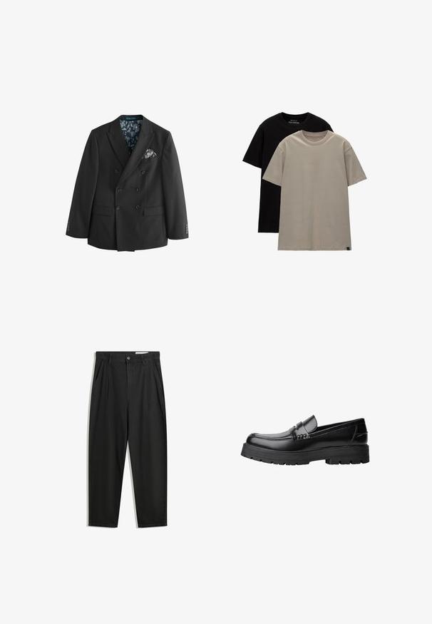 Veste de costume noire croisée en tissu lisse, dotée d'une doublure intérieure à motifs floraux et d'un pochette contrastante.; Ensemble de deux t-shirts : un noir, un beige clair. Coupe regular avec des encolures rondes, fabriqués en coton doux. Design simple, sans motifs.; Pantalon en coton noir avec une coupe décontractée, dotés d'une taille classique, de plis à l'avant et de poches latérales. Texture lisse sans motifs.; Mocassin en cuir noir avec semelle épaisse à motifs et une sangle décorative sur le dessus, présenté en profil sur le côté gauche sur fond blanc.