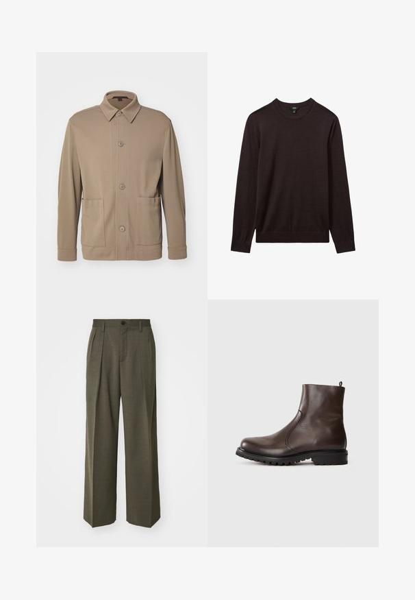 Beige Hemdjacke aus strukturiertem Stoff, mit Kragen, Vorderknöpfen und zwei Seitentaschen. Maßgeschneiderter, lässiger Schnitt.; Reiss Strickpullover - dark bordeaux; Filippa K WIDE TROUSERS - Stoffhose - driftwood; Braune Leder-Stiefeletten mit glatter Textur, elastischen seitlichen Einsätzen, einer Schlaufe hinten und einer robusten Gummisohle.