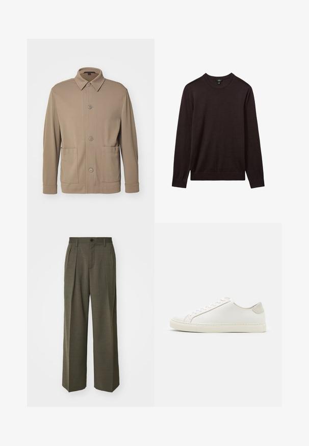 Beež särkjakk, mis on valmistatud tekstuursest kangast, millel on krae, ees nuppude rida ja kaks küljetaskut. Kohandatud, juhuslik disain.; Reiss Džemper - dark bordeaux; Filippa K WIDE TROUSERS - Püksid - driftwood; Valge nahast sneaker, millel on sile pind, ümar varvas ja minimalistlik disain. Omab beeže aktsente kontsas ja kummist tallat.