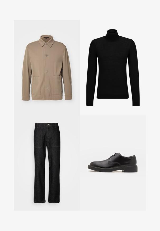 Bež jakna na dugmad izrađena od teksturirane tkanine, s kragnom, prednjim dugmadi i dva bočna džepa. Prilagođen, ležeran dizajn.; Crni dukserica s visokim ovratnikom, napravljena od mekanog materijala, s dugim rukavima i priljubljenim krojem. Rebrasti detalji na donjem rubu i rukavima. Jednostavan dizajn.; Crne traperice s ravnim nogavicama, vidljivim šavovima i zatvaranjem na gumb sprijeda. Uključuju dva bočna džepa i dva stražnja džepa.; Crne kožne cipele s vezanjem i zaobljenim vrhom, glatke teksture, minimalnim šavovima i niskim gumiranim potplatom. Logo se nalazi na peti.