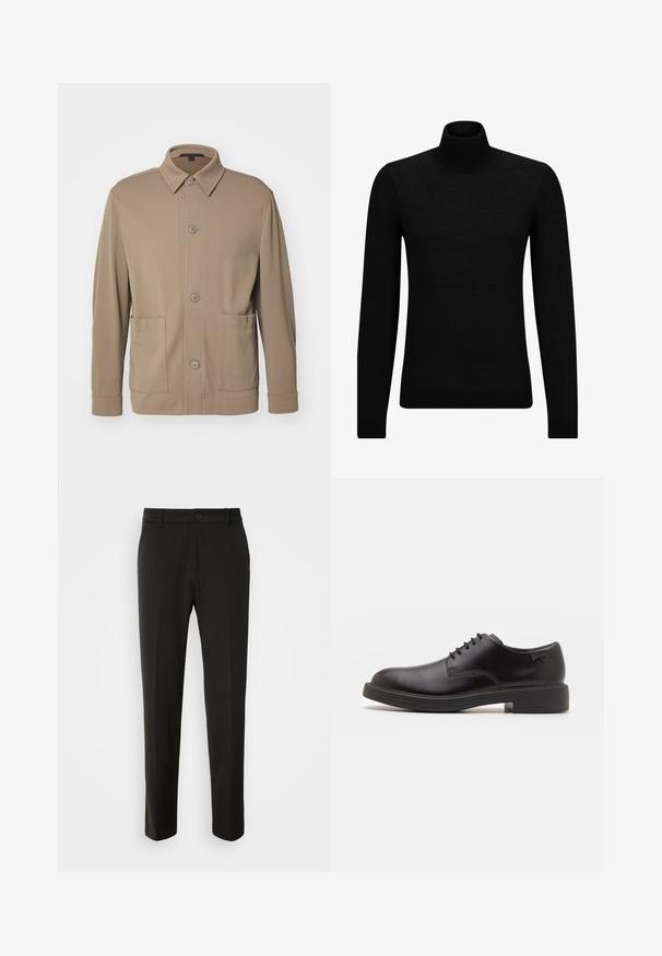 Bežna jakna s gumbi, izdelana iz teksturiranega blaga, z ovratnikom, sprednjimi gumbi in dvema stranskima žepoma. Prilagojen, sproščen dizajn.; Črna turtleneck pulover iz mehkega materiala, z dolgimi rokavi in tesnim prileganjem. R ibana obroba na robu in rokavih. Preprosta zasnova.; Črne hlače iz gladkega materiala, s straight nogavicami, z gumbom za zapiranje in klasičnim dizajnom, primerne za formalne ali sproščene priložnosti.; Črne usnjene čipkaste čevlje z zaobljenim nosom, gladko teksturo, minimalnim šitjem in nizkim gumijastim peto. Logo na peti.