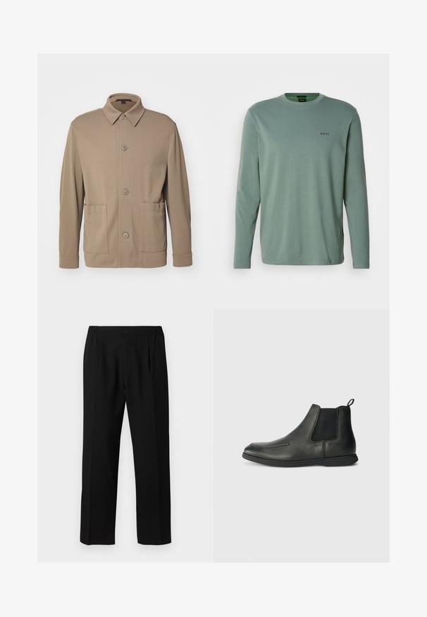 Béžová bunda s gombíkmi vyrobená z textúrovanej tkaniny, má golier, predné gombíky a dve bočné vrecká. Strihané, ležérne prevedenie.; Svetlozelené tričko s dlhým rukávom vyrobené z jemnej tkaniny. Obsahuje okrúhly výstrih a malé vyšívané logo "BOSS" na hrudi.; Čierne nohavice z hladkej látky s elastickým pásom, rovnými nohavicami a dvoma prednými záhybmi pre pridanie detailu.; Čierne kožené členkové topánky s hladkou štruktúrou, elastickými bočnými panelmi a pútkom na zadnej strane. Zaoblená špička a gumová podrážka.