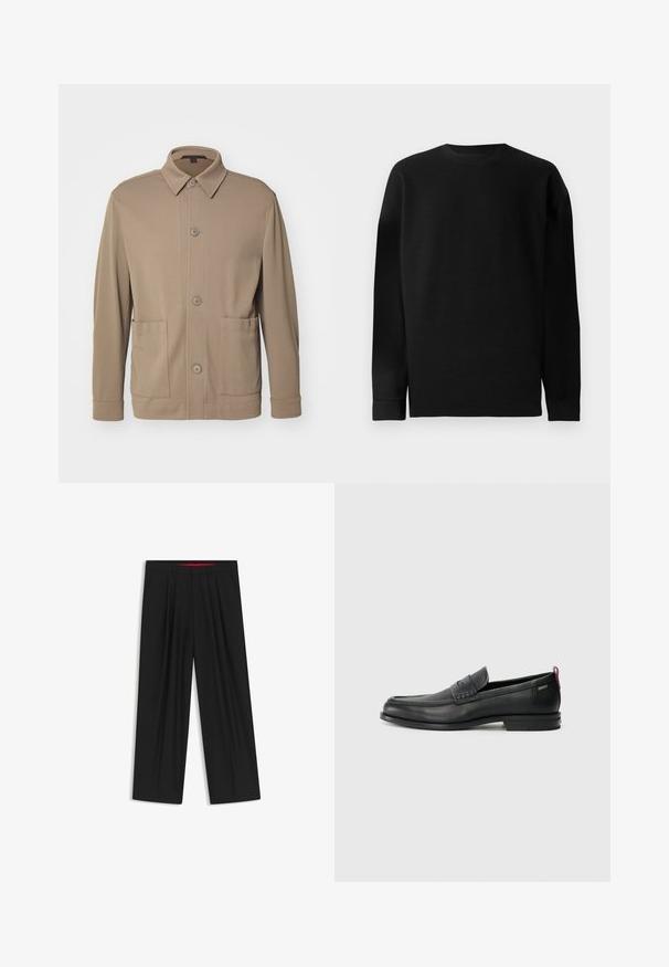 Beige Hemdjacke aus strukturiertem Stoff, mit Kragen, Vorderknöpfen und zwei Seitentaschen. Maßgeschneiderter, lässiger Schnitt.; Schwarzer, langärmeliger Pullover aus Rippmaterial. Mit Rundhalsausschnitt und geradem Saum sowie eng anliegenden Bündchen. Schlichtes Design in einfarbiger Optik.; Schwarze weit geschnittene Hosen mit flachem Bund, zwei seitlichen Taschen, gefaltetem Design und einem kontrastierenden roten Innenbund.; Schwarze Lederloafers mit einem strukturierten Vorderteil und glatten Seiten. Sie verfügen über einen schmalen Absatz und eine Schlaufe an der Rückseite für einfaches Anziehen. Klassisches Design.