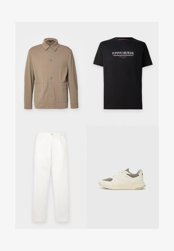Bézs gombos dzseki textúrált anyagból, gallérral, elülső gombokkal és két oldalsó zsebbel. Kivágott, hétköznapi stílus.; Fekete pamut póló, fehér és színes "TOMMY HILFIGER" logóval, alatta kisebb betűkkel "NEW YORK" és "1985" felirattal. Rövid ujjú, kerek nyakú.; Fehér nadrág sima anyagból, egyenes lábbal, elülső pliszékkal és egy gombos záródással a derékon.; Fehér és világos bézs sportcipő, légies hálós felsőrésszel, perforált részletekkel és texturált középtalppal, amelyen a saroknál a márka logója található.