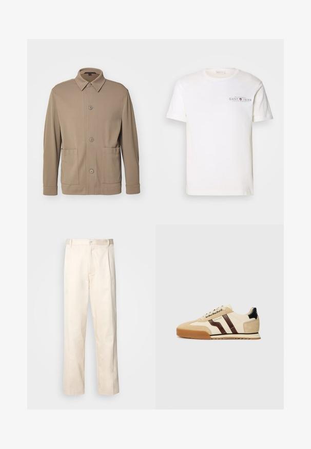 Bežna jakna s gumbi, izdelana iz teksturiranega blaga, z ovratnikom, sprednjimi gumbi in dvema stranskima žepoma. Prilagojen, sproščen dizajn.; Bela bombažna majica s kratkimi rokavi in okroglim izrezom, s tiskanim logotipom. Ima minimalističen dizajn in udoben kroj.; Bež cottone hlače s ravnim krojem, ki imajo gumbasto zapiranje in nabore spredaj za dodatne detajle.; GANT BAYLLE - Športni copati - sand