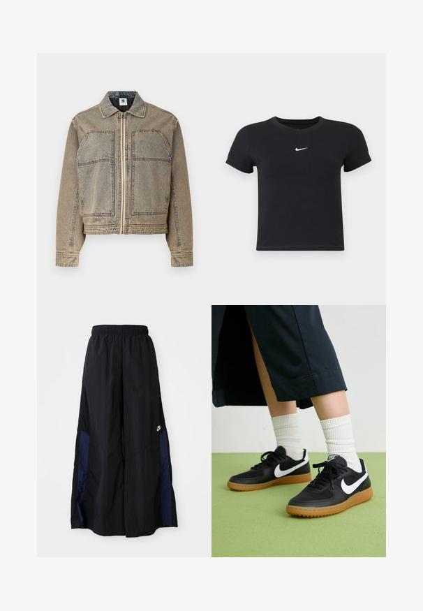 Veste en denim brun clair, dotée d'une fermeture éclair, de deux poches poitrine et d'une silhouette structurée avec des coutures contrastées.; T-shirt noir à manches courtes en coton avec un col rond. Présente un logo Nike blanc sur la poitrine, un design minimaliste et une coupe ajustée.; Pantalons larges noirs en tissu léger, avec un panneau latéral bleu marine et une taille élastique. Petit logo blanc en bas.; Baskets noires en cuir et synthétique avec le swoosh blanc de Nike, semelle en caoutchouc, bout rond et lacets noirs. Chaussettes blanches côtelées visibles.