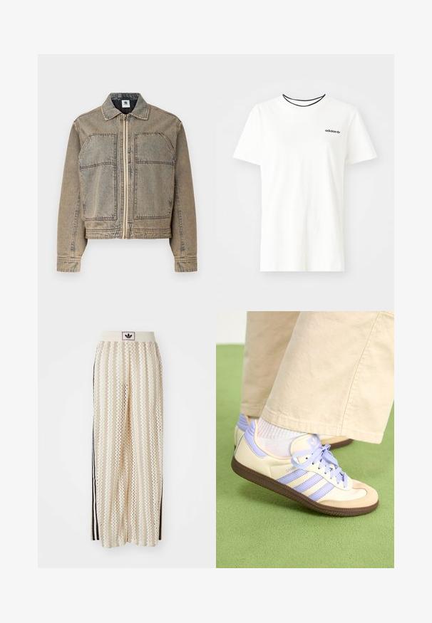 Lys brun denimjakke med glidelås, to brystlommer og en strukturert silhuett med kontrasterende sømmer.; Hvit bomull t-skjorte med korte ermer og rund hals. Har en svart Adidas-logo på brystet og en kontrasterende svart indre krage.; Kremfargede bukser med brede ben og zigzag-mønster, med en svart logo-linning og svarte striper på siden. Lett, teksturert stoff.; Kremfargede og lavendelfargede joggesko med tre striper og en teksturert brun såle, med lisser og en polstret hæl. Mykt stofføvre.