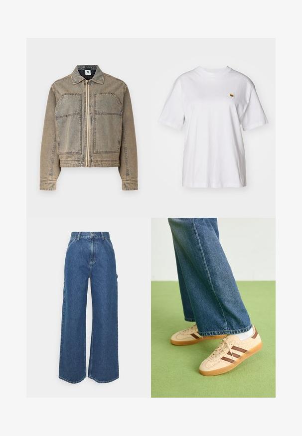 Leren spijkerjack in lichtbruin, met een ritsluiting, twee borstzakken en een gestructureerd silhouet met contrasterende stiksels.; Witte katoenen t-shirt met een relaxte pasvorm, korte mouwen en een klein geborduurd logo op de linkerborst.; Brede blauwe denim broeken met een hoge taille, contrasterende stiksels en zijzakken, uitgerust met een klassieke vijf-pocket stijl en ongewerkte naden.; Beige sneakers met gestructureerde crèmekleurige panelen en bruine strepen, gecombineerd met blauwe denim jeans. De jeans hebben een brede pijp en een rafelige zoom.