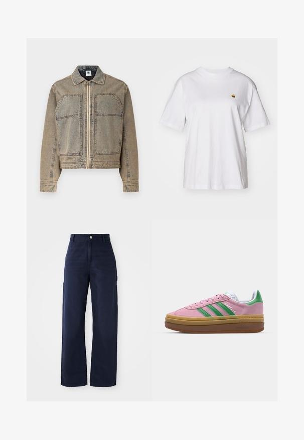 Heleda denim jope heledast pruuni toonis, millel on lukuga kinnitamine, kaks rinnaääre taskut ja struktureeritud siluett kontrastsete õmblustega.; Valge puuvillane T-särk, millel on lõdva lõikega, lühikesed varrukad ja väike broderi logo vasakul rinnakarpi.; Tumed sinised laiad cargo püksid, valmistatud vastupidavast puuvillakangast, küljetaskute ja nup closure'iga vööl.; Roosa nahast tossud roheliste triipude, valgete aktsentide ja pruuni kummitaldiga. Omavad tekstuuriga kangast ja logo detaile külgedel.