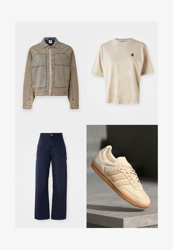 Giacca di jeans color marrone chiaro, con chiusura a zip, due tasche sul petto e una silhouette strutturata con cuciture a contrasto.; T-shirt in cotone beige con vestibilità comoda, scollo rotondo, maniche corte e un piccolo logo quadrato sulla parte sinistra del petto.; Pantaloni cargo a gamba larga blu navy in un robusto tessuto di cotone, con tasche laterali e chiusura con bottone in vita.; Sneaker in suede beige chiaro con suola in gomma, tre strisce diagonali e punta con texture. Presenta il logo sulla linguetta e sul lato.